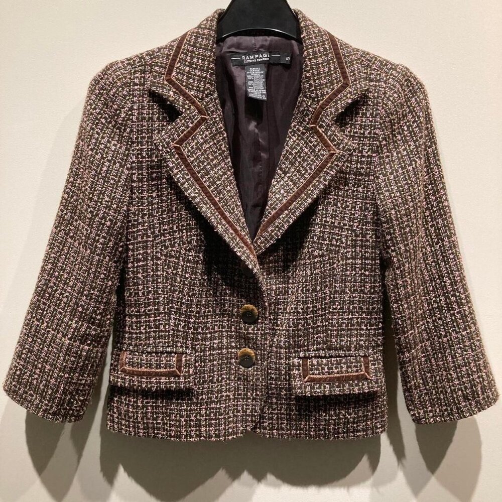 Vintage Y2K Rampage tweed bouclé blazer with velvet trim